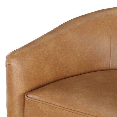 Saddle Brown Faux Leather Wood Swivel Barrel Chair