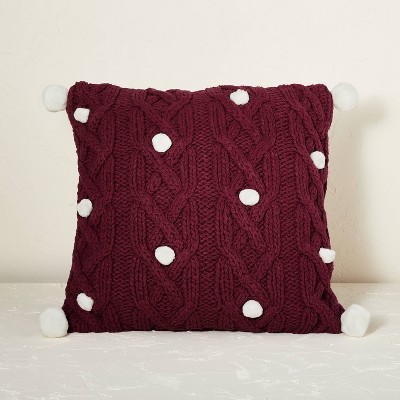 Cable Knit Square Throw Pillow with Pom Poms Burgundy - Opalhouse™ designed with Jungalow™