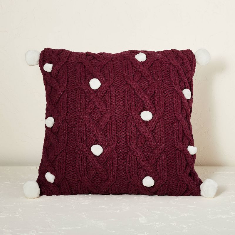 Cable Knit Square Throw Pillow with Pom Poms Burgundy - Opalhouse&#8482; designed with Jungalow&#8482;, 1 of 7