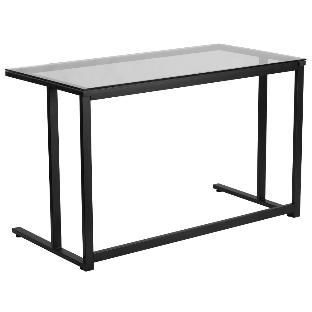 Glass Desk with Pedestal Frame Clear Glass Top Black Frame Riverstone Furniture Collection For Sale
