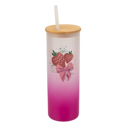 Elanze Designs 25 Ounce Frosted Glass Gradient Travel Tumbler With Straw and Wooden Lid, Strawberry Pink