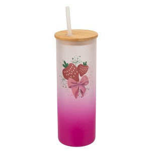 Elanze Designs 25 Ounce Frosted Glass Gradient Travel Tumbler With Straw and Wooden Lid, Strawberry Pink - 1 of 1