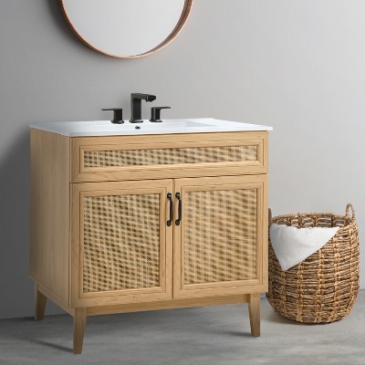 Javer 36" Oak Rattan Modern Farmhouse Bath Vanity Cabinet