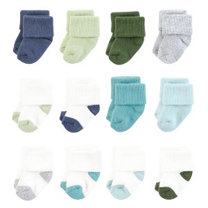 Hudson Baby Infant Boy Cotton Rich Newborn and Terry Socks, Blue Green Heel Toe - 1 of 4