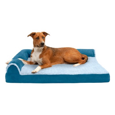 FurHaven Two-Tone Faux Fur & Suede Deluxe Chaise Lounge Cooling Gel Top Foam Sofa Dog Bed