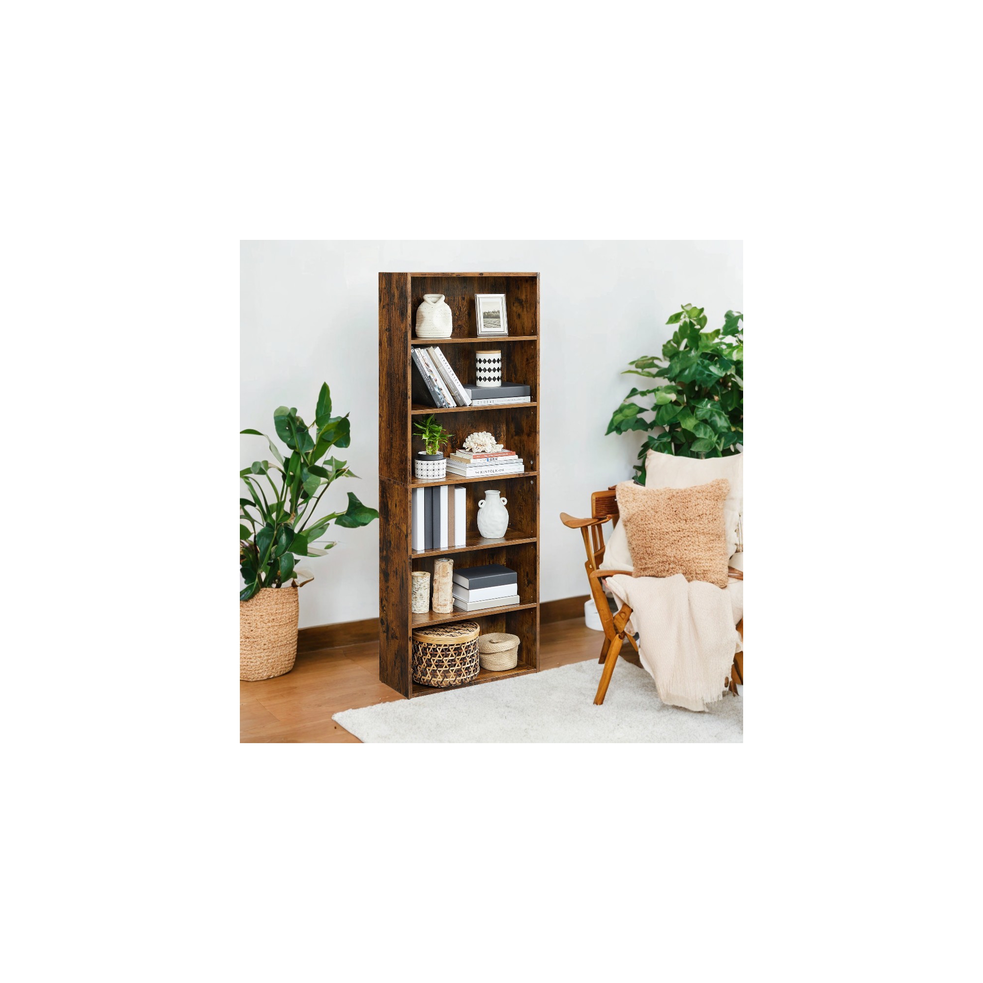 Wide 6-Tier Bookshelf, 23.6 Inches, Open Bookcase with Adjustable Storage Shelves - Floor Standing Unit, Brown