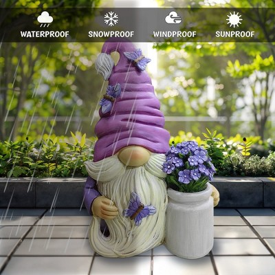 Lavender and White Resin Garden Gnome Statue with Flowers