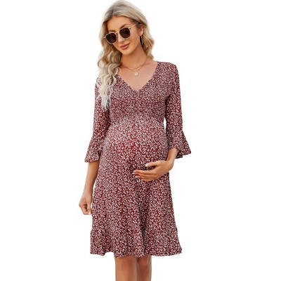 Maternity Women 3/4 Sleeve Smocked V Neck Dress Fall Casual Boho Flowy Ruffle Midi Dress for Baby Shower Photoshoot