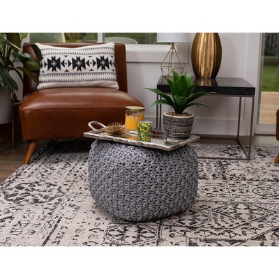 Gray Hand-Knitted Cotton Square Pouf Ottoman