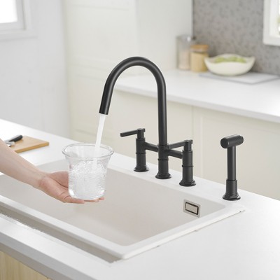 Modern Black Double Handle Bridge Kitchen Faucet with Side Sprayer