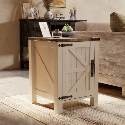 OKD Nightstand with Charging Station, Farmhouse End Table w/Barn Door