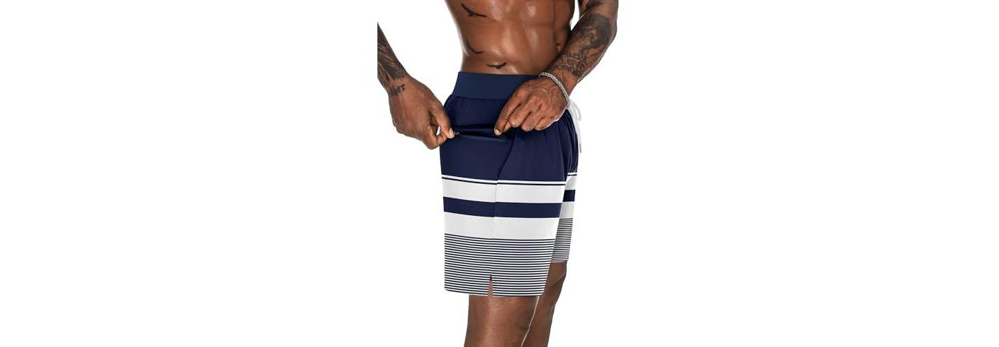 Мужские шорты Ekouaer 7" Swim Trunks Swimwear Zip Pockets Beach Board Shorts Bathing Suits with Mesh Lining Z Stripes Navy White M, цвет: Тёмно-синий — фото 3