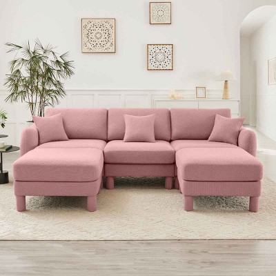 U-Shape Sectional Sofa with Ottomans, Boucle 3-Seater Sofa with Armrests and Cylindrical Legs, Fabric Couch with Cushion-Coolbibila