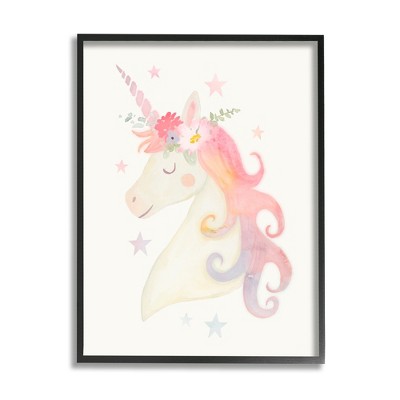 Stupell Industries Charming Unicorn Smiling Flower Crown Stars Design Framed Giclee Art