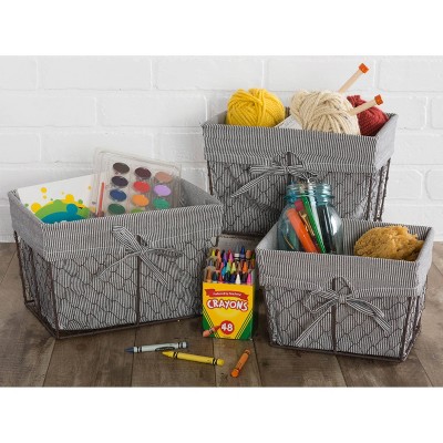 Rustic Bronze Rectangular Wire Baskets with Liners, Set of 3