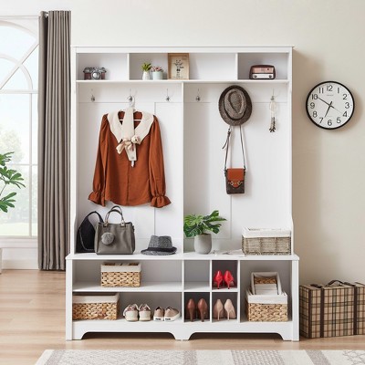 LOVMOR Hall Tree Entryway Bench with Coat Rack w/ Shoe Cubbies for bedroom