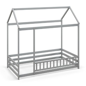 Tangkula Twin Size House Bed w/ Roof & Full-length Safety Guardrail Playhouse Bed Frame - 1 of 4
