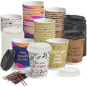 Dessie 100 Disposable Coffee Cups with Lids and Stirrers 12 oz - 1 of 4