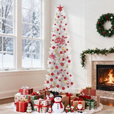 GAOMON 6 Ft White Pencil Christmas Tree, Slim Pre-Lit Snow Flocked Artificial Xmas Tree with 571 Branch Tips