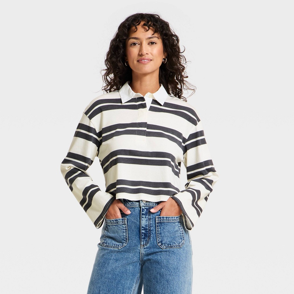 Women's Long Sleeve Button-Down Polo T-Shirt - Universal Thread™ Cream Striped M