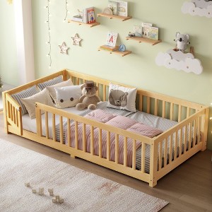 QingMoon Twin Size Floor Bed for Children with Door and Fence Solid Wood Montessori Bed Frame, for Girls and Boys Easy Assembly - 1 of 4