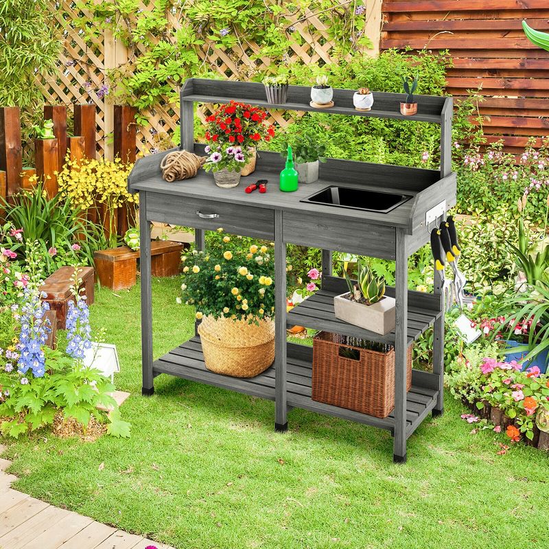 Tangkula Outdoor Garden Potting Bench Lawn Patio Table Storage Shelf Work Station Grey, 3 of 11