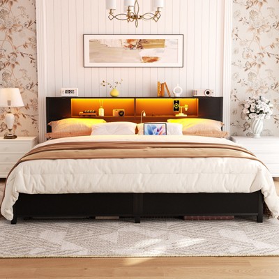 Aheaplus Storage Platform Bed Frame with Charge Station and LED Light