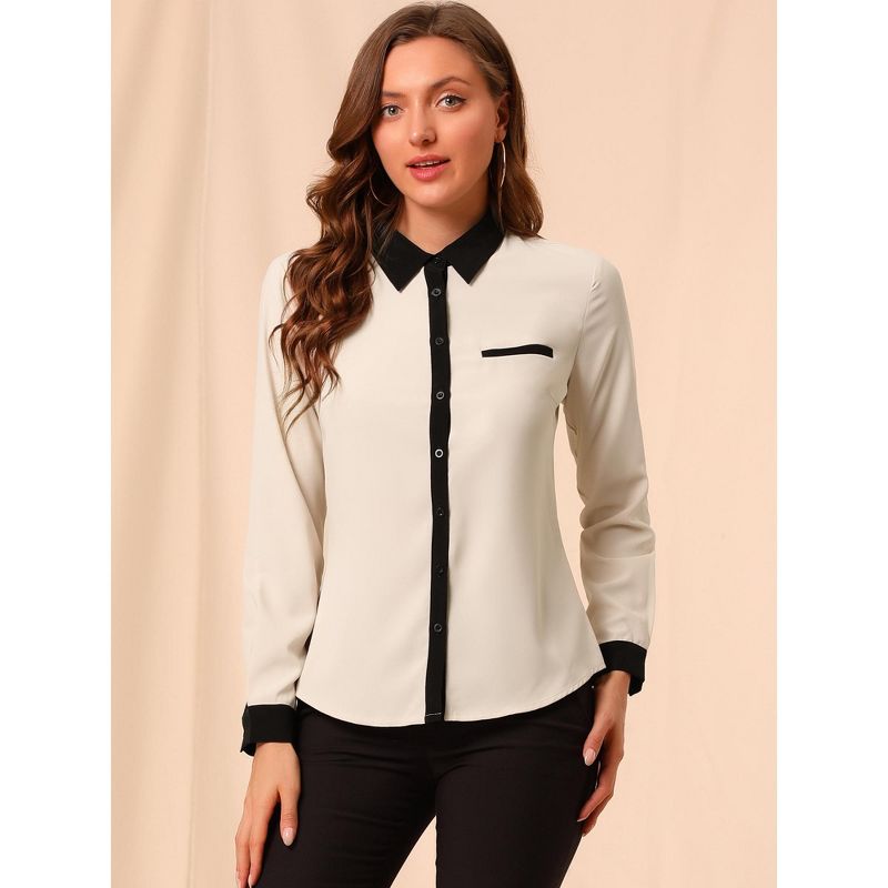 Allegra K Women's Contrast Collar Chiffon Long Sleeve Work Office Blouse, 4 of 8