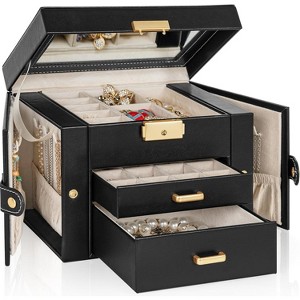 Leather Jewelry Box with Mirror & Lock, 3-Tier Organizer with 2 Drawers for Necklaces & Bracelets - 1 of 4