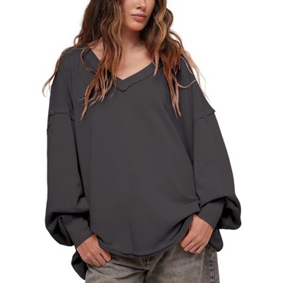 Womens V Neck Pullover Sweatshirt Long Sleeve Rolled Hem Loose Fit Tops