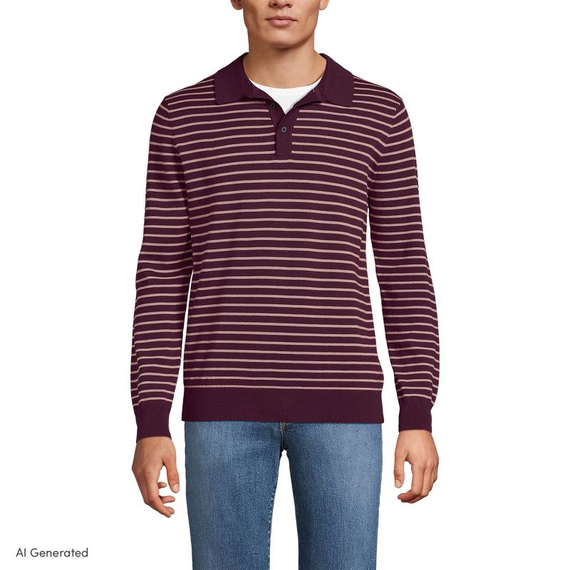 Lands' End Men's Long Sleeve Cotton Sweater Polo - Large - Lush Burgundy/Mauve Stripe