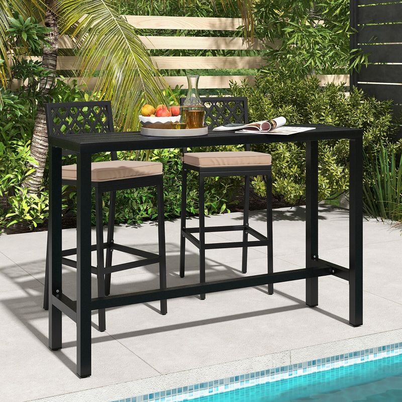 Tangkula 3PCS Outdoor Metal Bar Table & Chairs Set Patio Dining Table Set w/ Cushion, 2 of 8