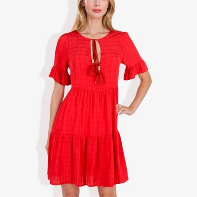 Anna-Kaci Women's Ruffle Sleeve Tiered Dress With Button And Tassel Detail for Casual Looks