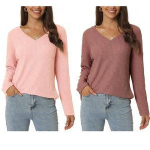 INSPIRE CHIC Women's V Neck Waffle Knit Long Sleeve Casual Tunic Blouses 2 Packs - 1 of 4