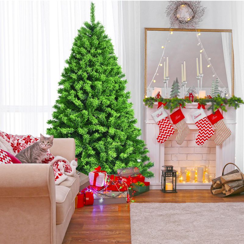 Tangkula Flocked Christmas Tree in Green Color 4.5FT/6.5FT/7.5FT Verdant Realistic Hinged Xmas Tree W/ Branch Tips, 2 of 14