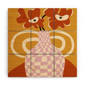Miho Checkered retro flower pot Wood Wall Mural - Society6