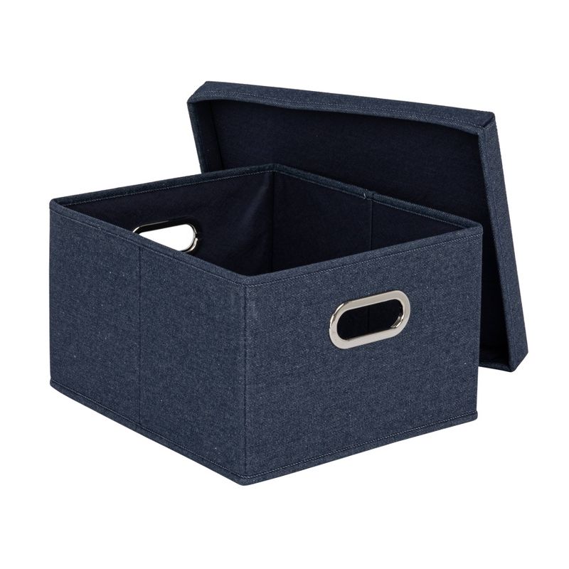 Household Essentials Set of 2 Collapsible Cotton Blend Storage Box with Lid and Metal Grommet Handle Denim, 5 of 11