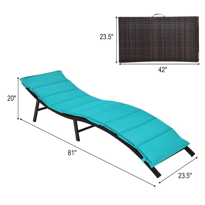 Tangkula 2PCS Outdoor Patio Rattan Wicker Lounge Chair Chaise Folding W/Cushions Turquoise, 2 of 10