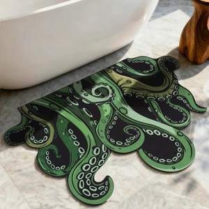 Green and Purple Cthulhu Octopus Bath Mat, Non-Slip Backing Water Absorbent Anime Rug for Gothic Bathroom Decor, Fantasy Game Room Gift - 1 of 4