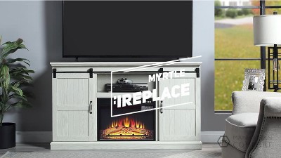 Heavy Brown Wood Fireplace TV Stand with Sliding Doors