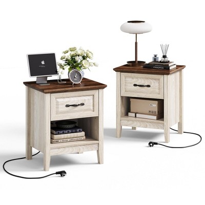 Nightstand for Bedroom with Charging Station, Farmhouse End Tables for Living Room with Drawer
