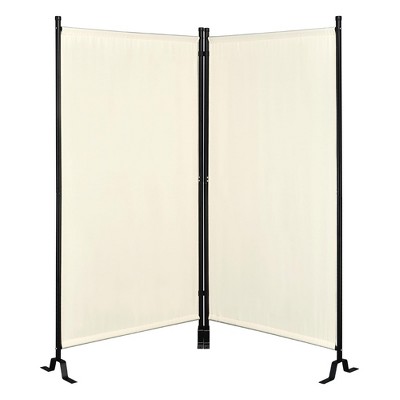 Proman Products Galaxy II Room Divider – Water-Repellent Beige Fabric, Black Metal Frame, Large 74.25" Wide, Indoor/Outdoor Use