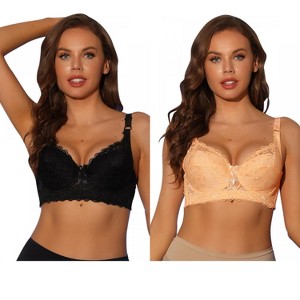 Allegra K Women's Breathable Underwired Lace Fixed Adjustable Straps Push-up 3/4 Cup Bralettes 2 Packs - 1 of 4
