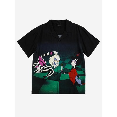 Beetlejuice Animated Characters Short Sleeve Black Adult Button-Down Shirt-XXL