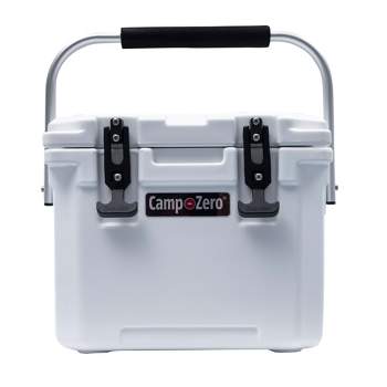 CAMP-ZERO 10 Liter 10.6 Quart Lidded Cooler with 2 Molded In Cup Holders, Folding Aluminum Handle Grip, and Locking System, White