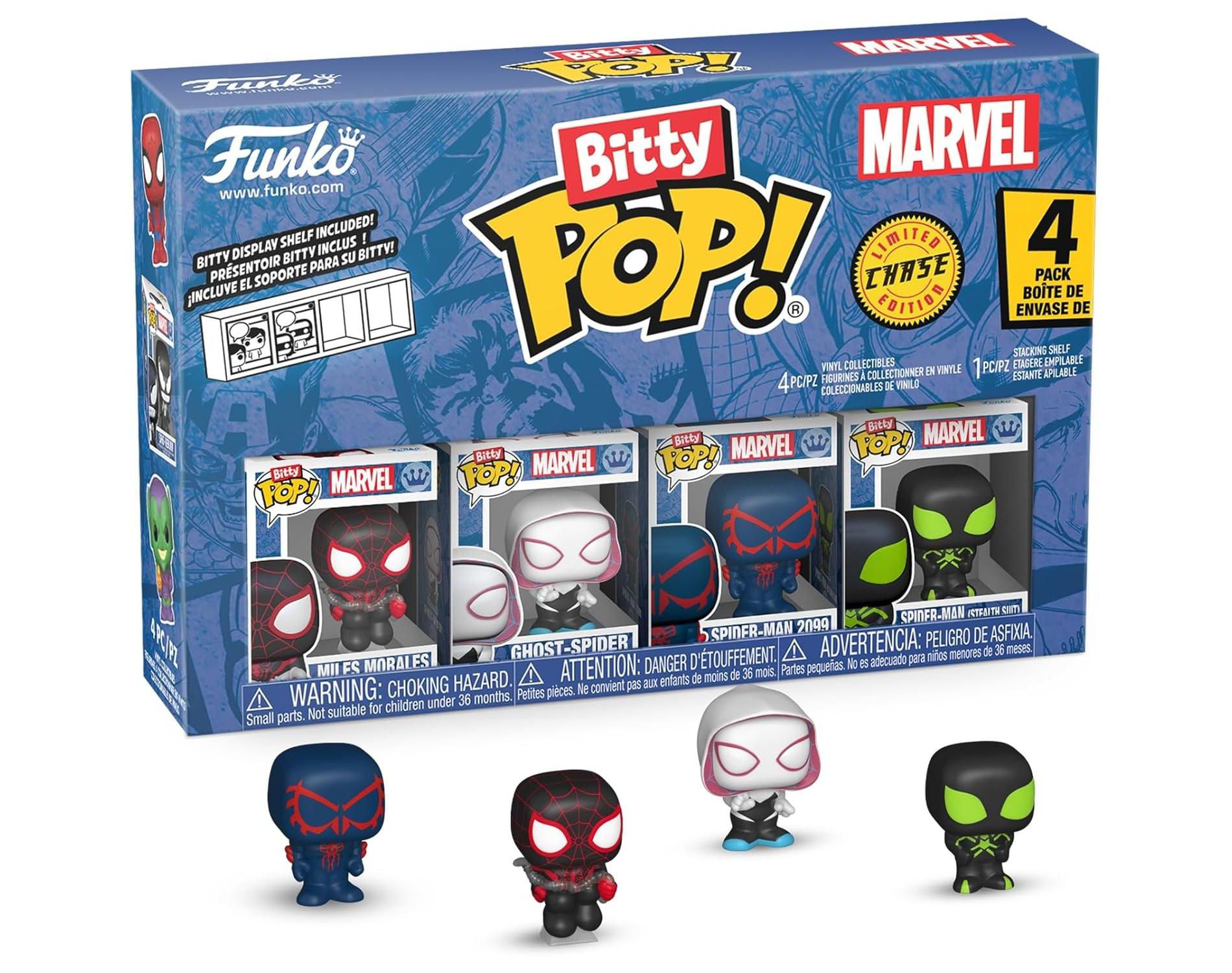 Funko Pop! Bitty: Spider-Man - Miles Morales, Ghost Spider, Spider-Man 2099, and Mystery Figure 4 Pack
