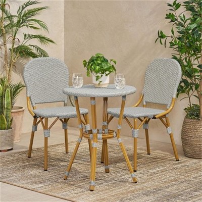 SKRAN Bistro Set, Outdoor Hand-Woven Rattan Wicker Bistro Chairs with Table for Patio Porch Garden, Aluminum Frame & Bamboo Print Finish, Light Gray
