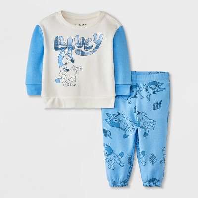 Image of Baby Bluey Top and Bottom Set - Light Blue/Beige 0-3M