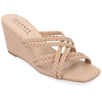 Journee Collection Womens Baylen Braided Strap Slip On Wedge Sandals, Taupe 7.5