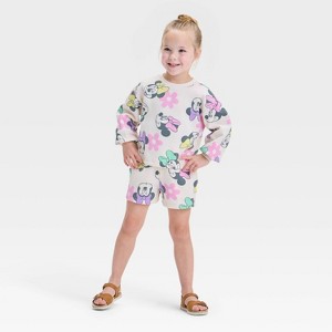 Toddler Girls' 2pc Disney Minnie Mouse French Terry Pullover Top & Shorts Set - Khaki - 1 of 4